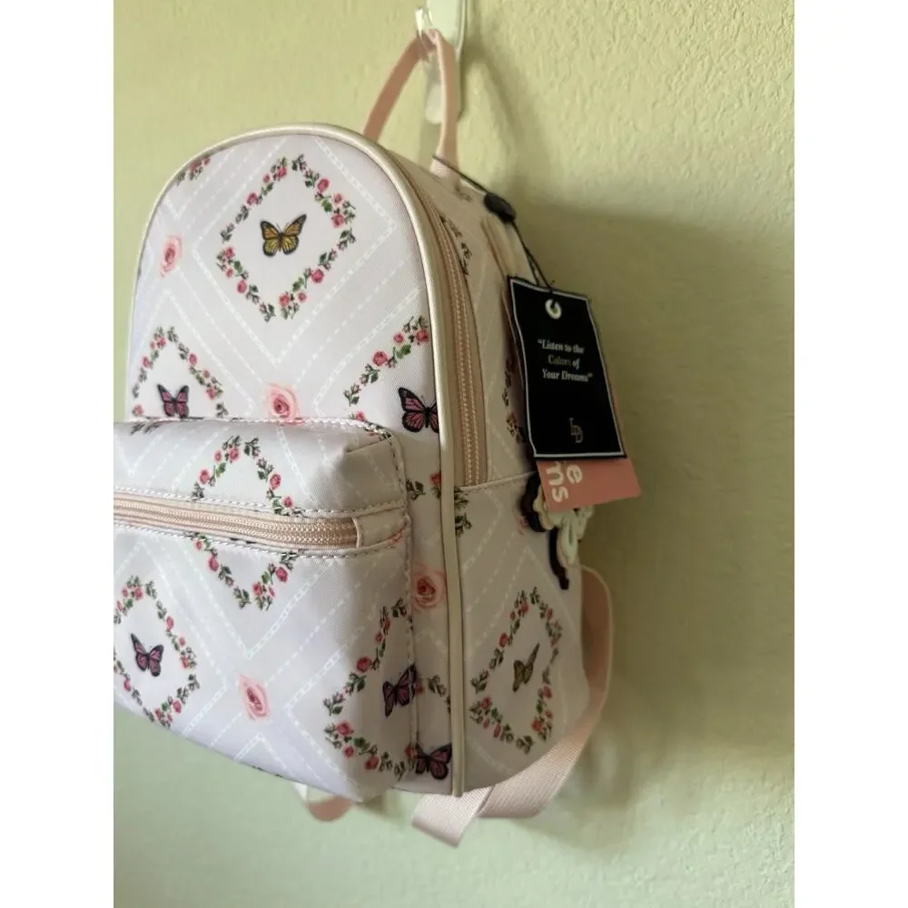 Pink Floral Roses Butterfly Pink Adjustable Straps Pocket Nylon Mini Backpack